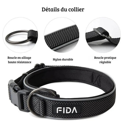 Détails des composants du collier avec zooms sur l'anneau métal, le textile et la boucle.