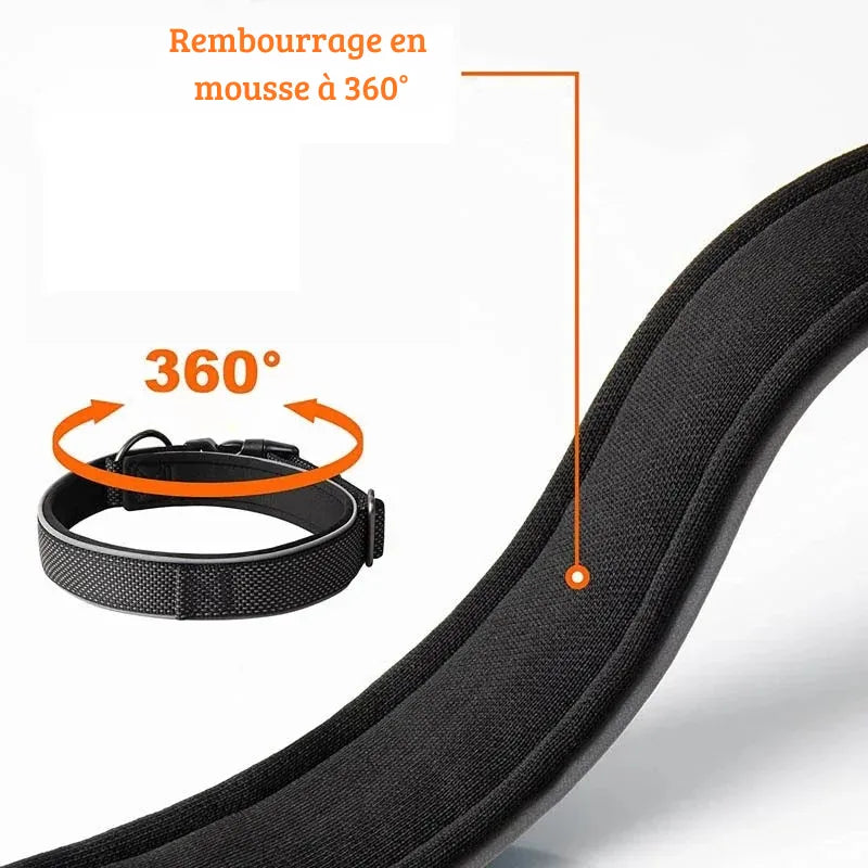 Infographie présentant le rembourrage mousse 360 degrés du collier pour chien en nylon noir.