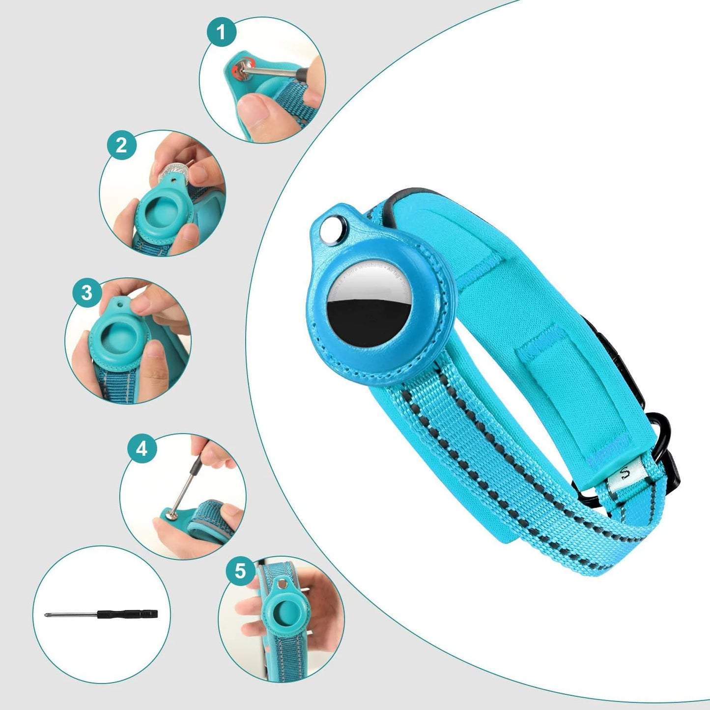 Tutoriel visuel de montage du support AirTag sur collier pour chien réfléchissant.