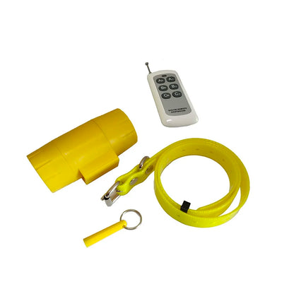Vue du kit collier beeper jaune avec boîtier, télécommande, sangle et clé magnétique sur fond blanc.