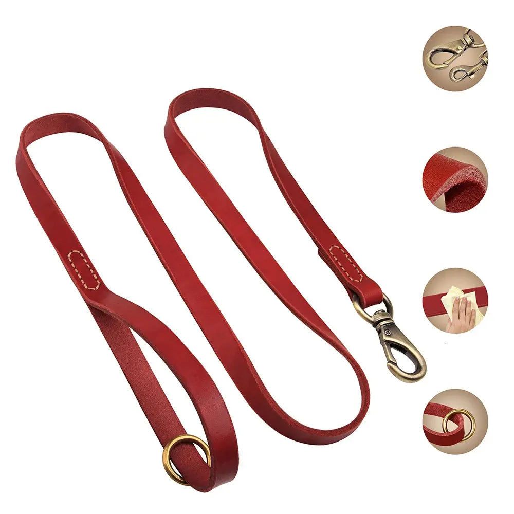 Vue produit d'une laisse pour chien en cuir rouge avec mousqueton métallique et ses principales caractéristiques évoquées sur la droite de l'image.