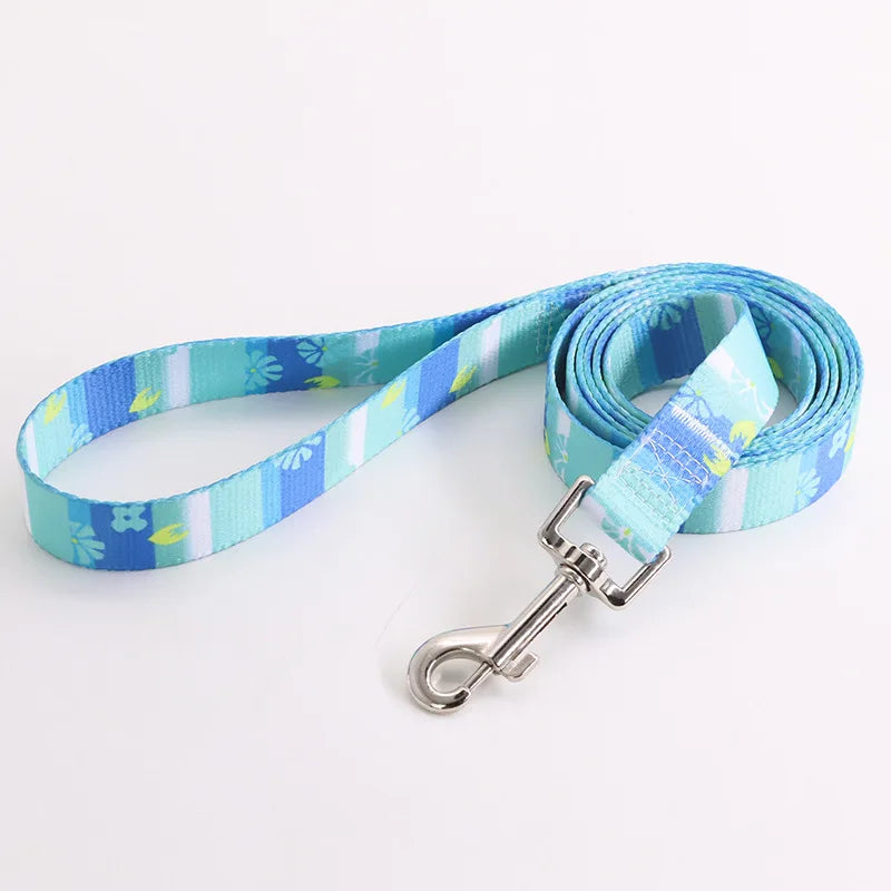 Laisse pour chien en nylon turquoise avec rayures bleues, vertes et blanches et motifs pattes et fleurs et mousqueton métal sur fond clair.