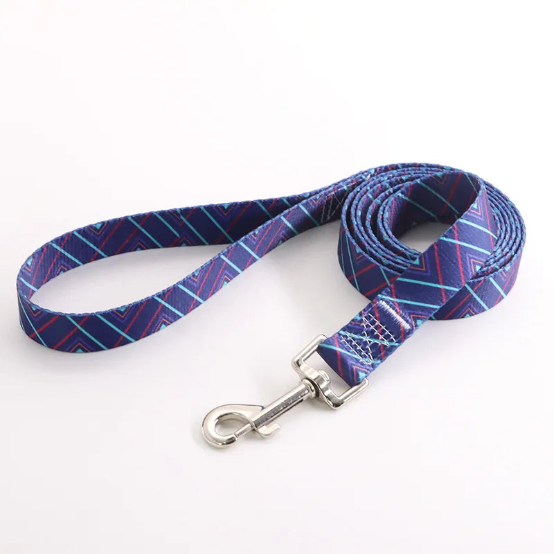Laisse pour chien en nylon violet avec motifs chevrons et diagonales turquoise et roses et mousqueton métal argenté sur fond clair.