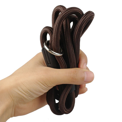 Laisse-collier marron en corde présentée pliée dans une main sur fond blanc.