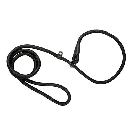 Collier en corde noire avec laisse intégrée pour chien, présenté à plat sur fond clair.