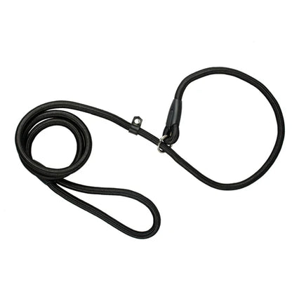 Collier en corde noire avec laisse intégrée pour chien, présenté à plat sur fond clair.