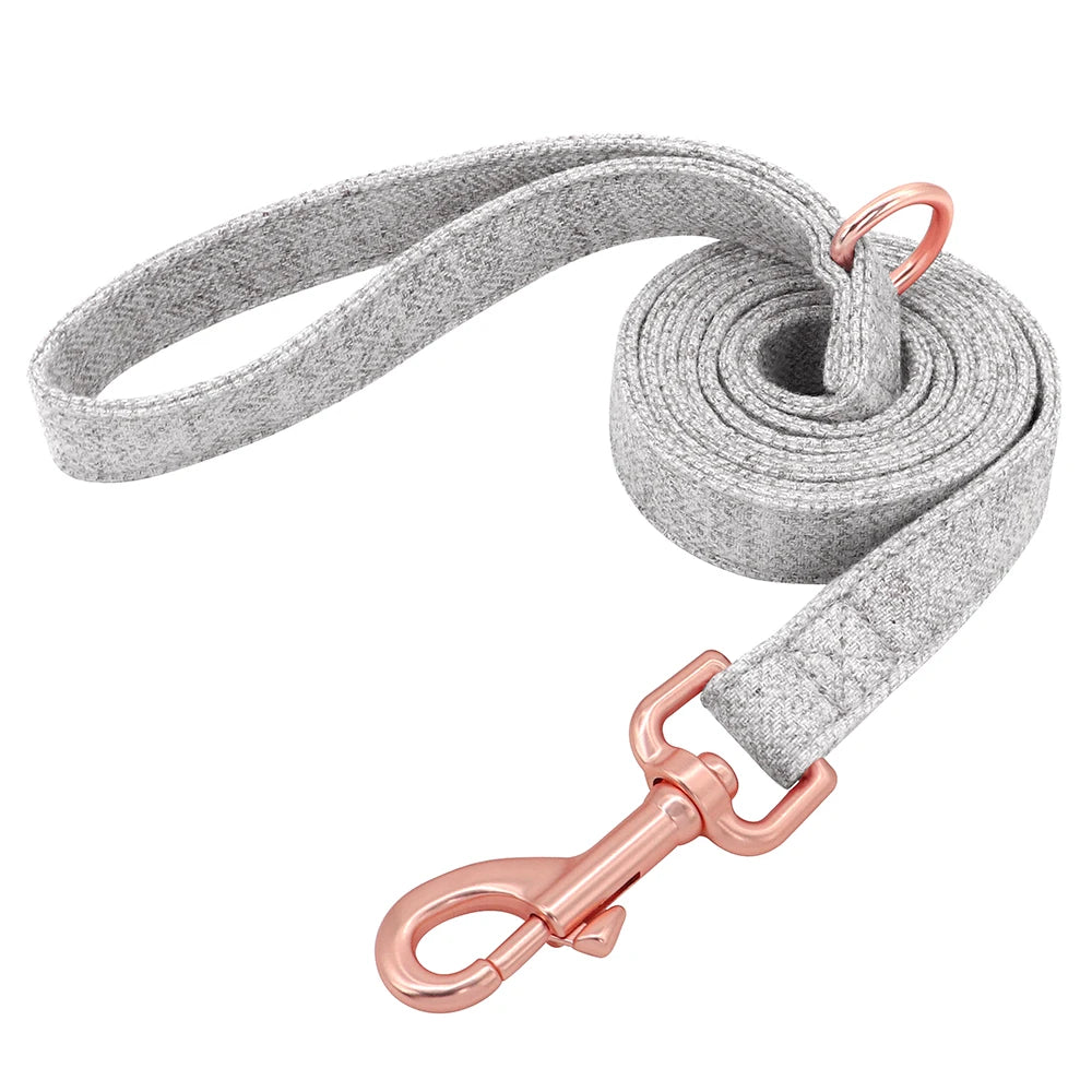 Laisse grise pour chien avec mousqueton métal rose présenté seule sur fond blanc.