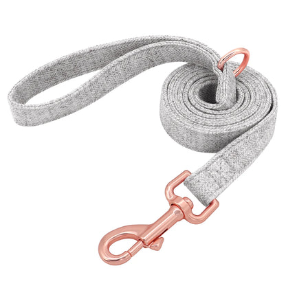 Laisse grise pour chien avec mousqueton métal rose présenté seule sur fond blanc.