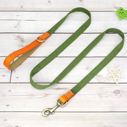 Laisse verte pour chien avec poignée en cuir orange et mousqueton métal présenté sur un plancher en bois gris dans le fond.
