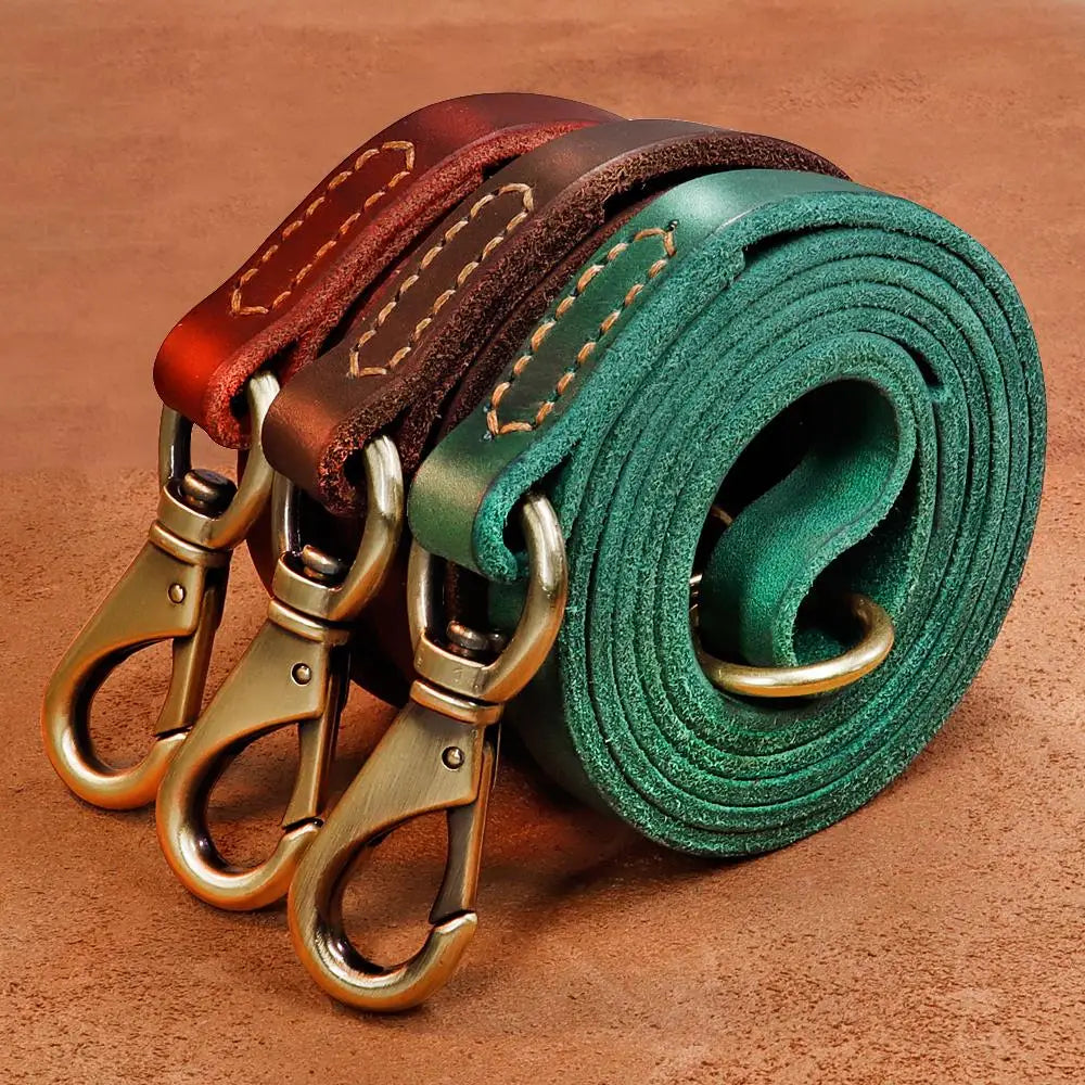 Laisses pour chien en cuir enroulées dans plusieurs coloris sur fond marron.