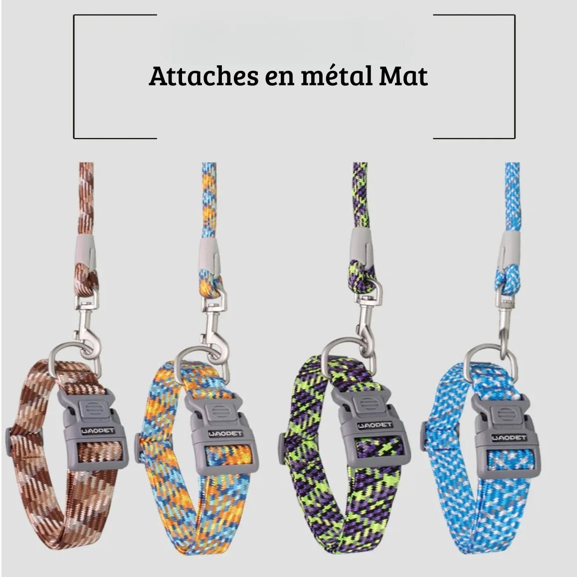 Détail des attaches métal mat fixées sur des colliers pour chien orange, vert, bleu et marron.