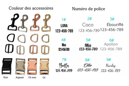 Guide de personnalisation avec choix des accessoires métal et polices de gravure présenté sur fond blanc.
