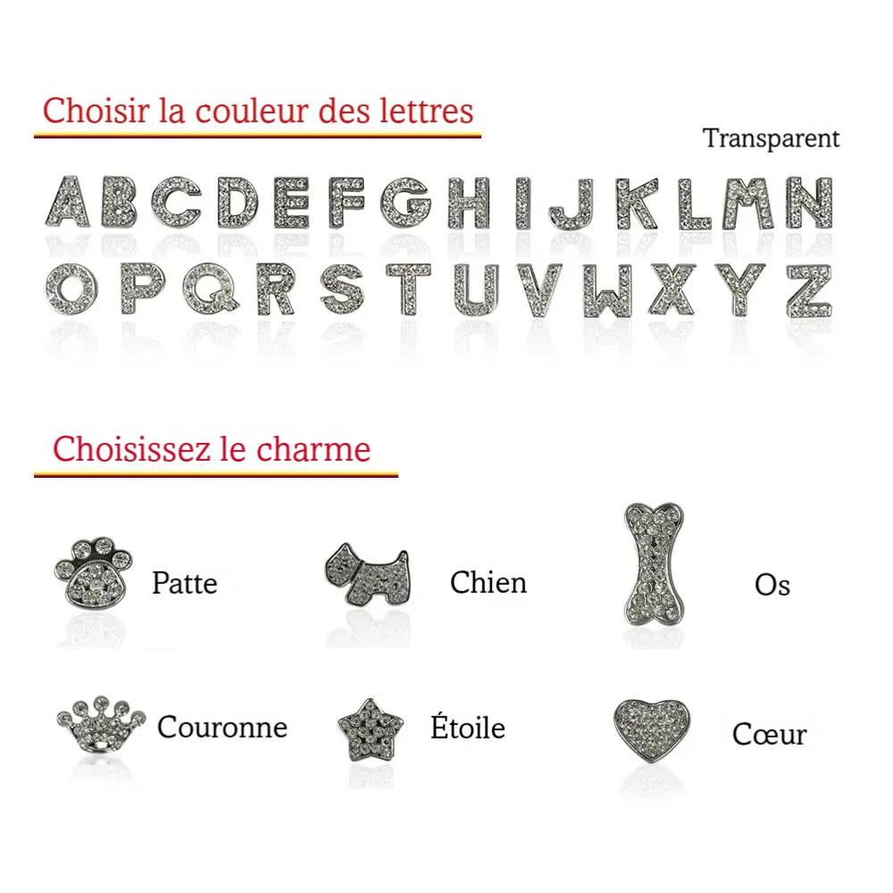 Guide de personnalisation d’un collier de luxe pour chien en cuir PU avec lettres et symboles en strass.