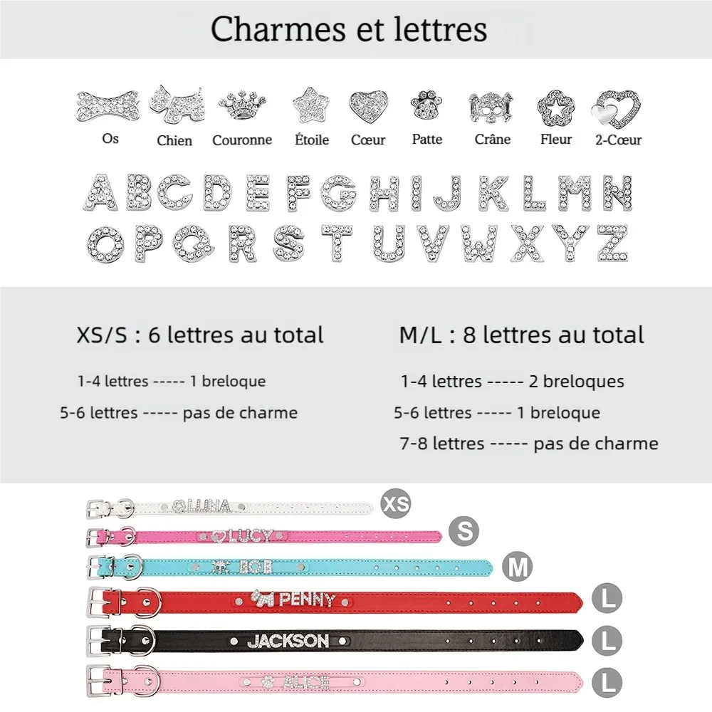 Options de lettres et symboles pour collier personnalisé pour chien avec strass en fonction des différentes taillies.