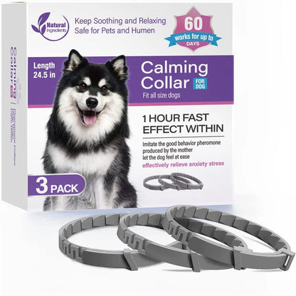 Pack de 3 colliers anti-stress gris pour chien avec boîte produit sur fond clair