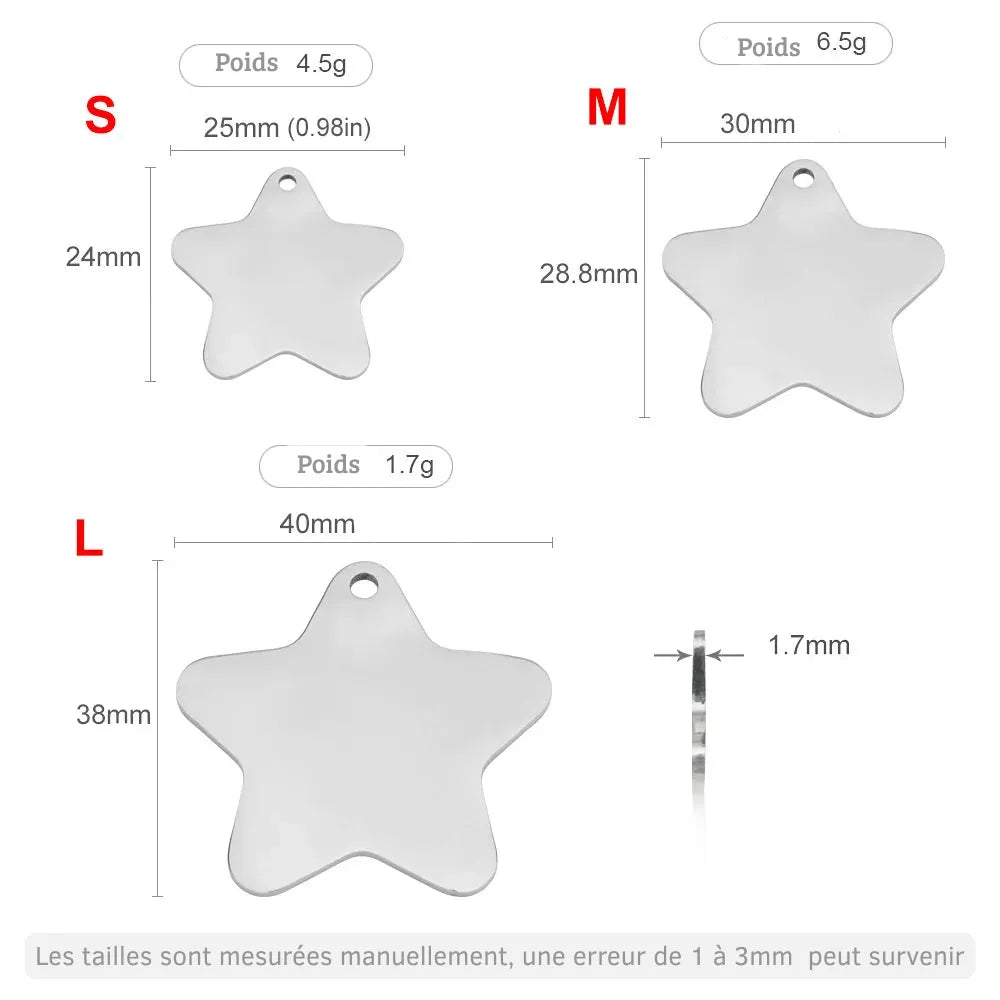Guide de tailles du pendentif personnalisé en forme d’étoile pour collier de chien.