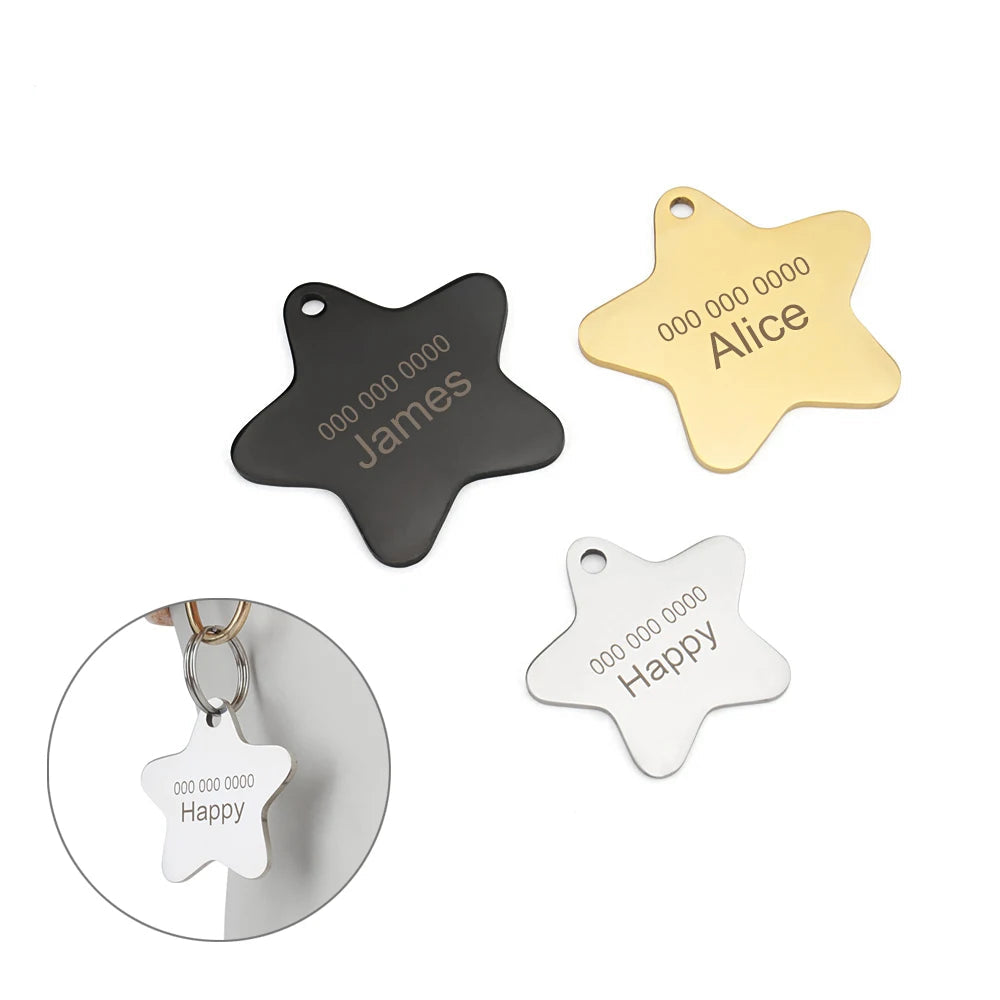 Variantes de pendentifs personnalisés en forme d’étoile pour collier de chien.