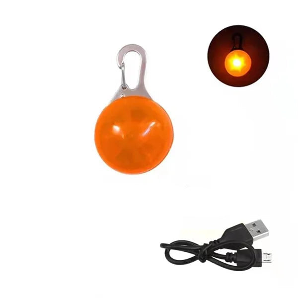 Pendentif lumineux orange pour chien avec câble USB sur fond blanc et vignette pendentif allumé en haut à droite de l'image.