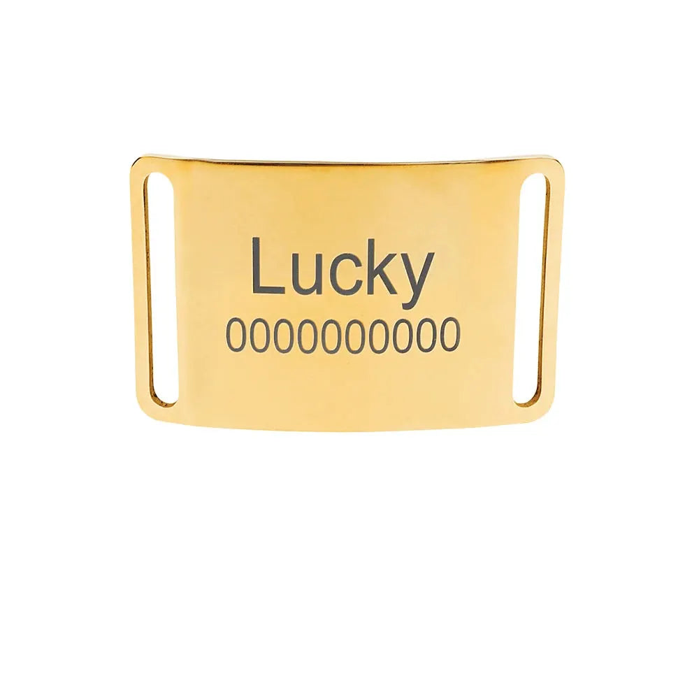 Plaque d’identification incurvée dorée personnalisée pour collier de chien.