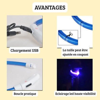 Visuel illustrant les différentes caractéristiques du collier lumineux bleu en plastique réglable.