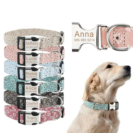 Vue des différentes variantes du collier en nylon imprimé fleuri avec un collier porté sur un chien en bas à droite et gros plan sur la plaque et en anneau en D en haut à droite.