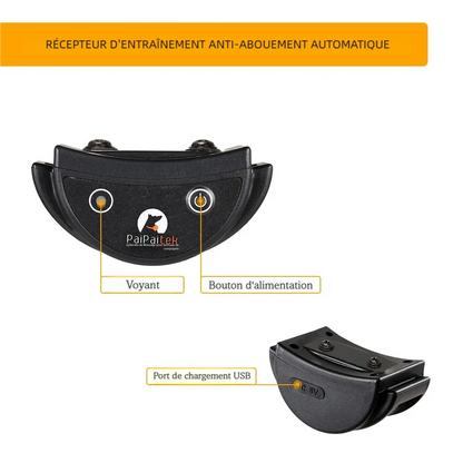 Détail du récepteur du collier de dressage sans choc avec voyant, bouton marche et port de charge USB sur fond blanc.