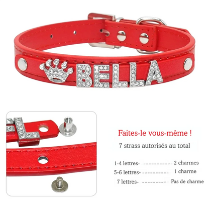 Visuel expliquant le montage des lettres en strass sur un collier rouge pour chien.