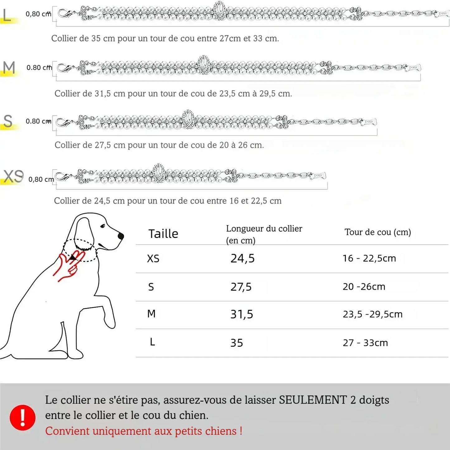 Guide de mesure du collier pour chien avec dessin de chien et longueurs par taille.