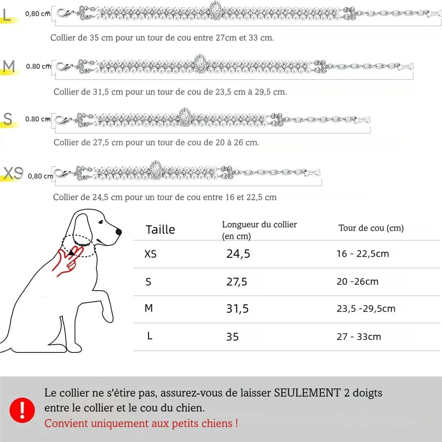 Guide de mesure du collier pour chien avec dessin de chien et longueurs par taille.