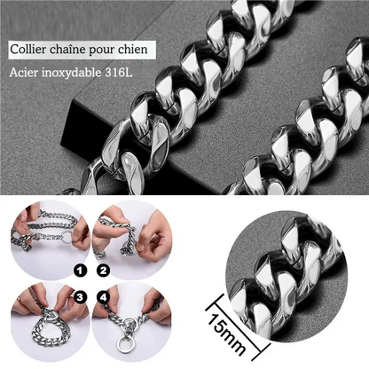 Présentation détaillée d’un collier d’entraînement argenté avec étapes illustrées.