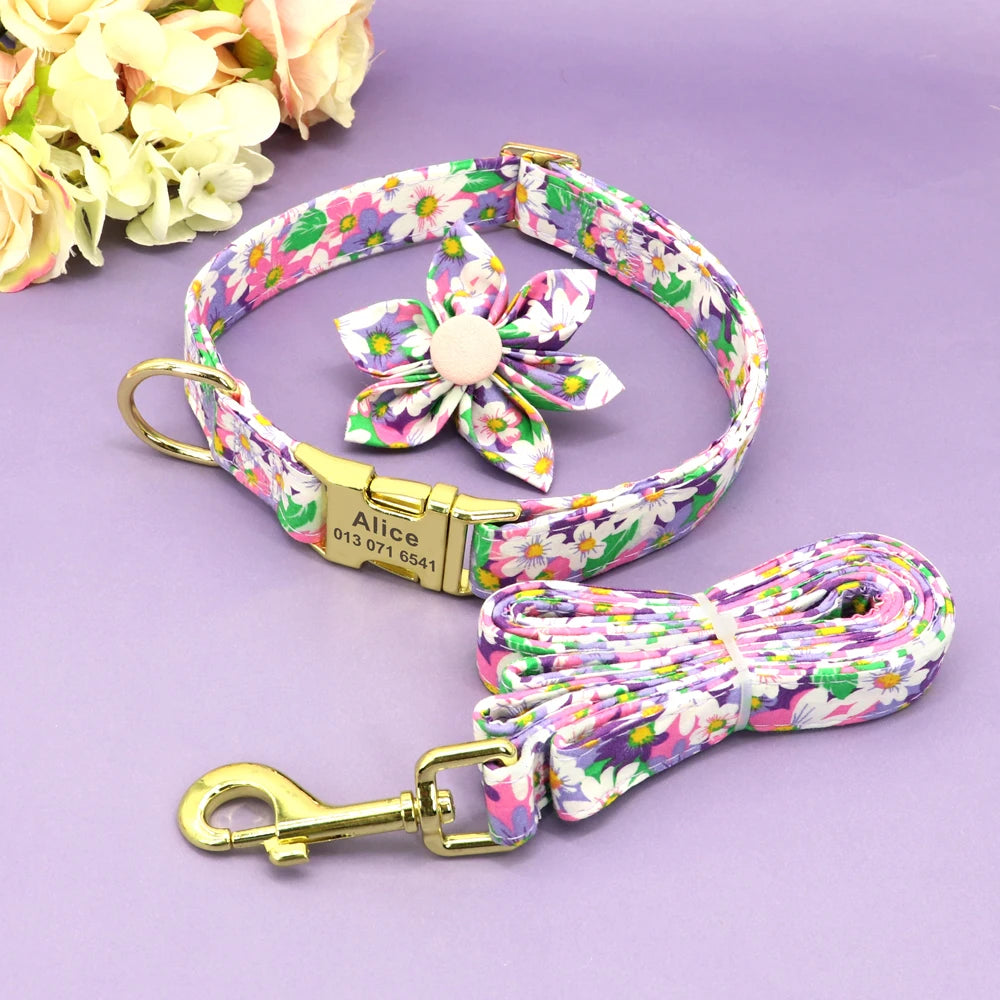 Ensemble collier, fleur amovible et laisse fleuris violet pour chien sur fond violet.