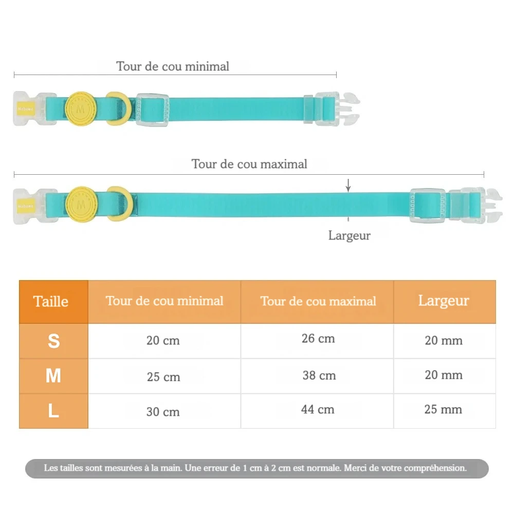 Tableau des tailles du collier pour chien en S, M et L.