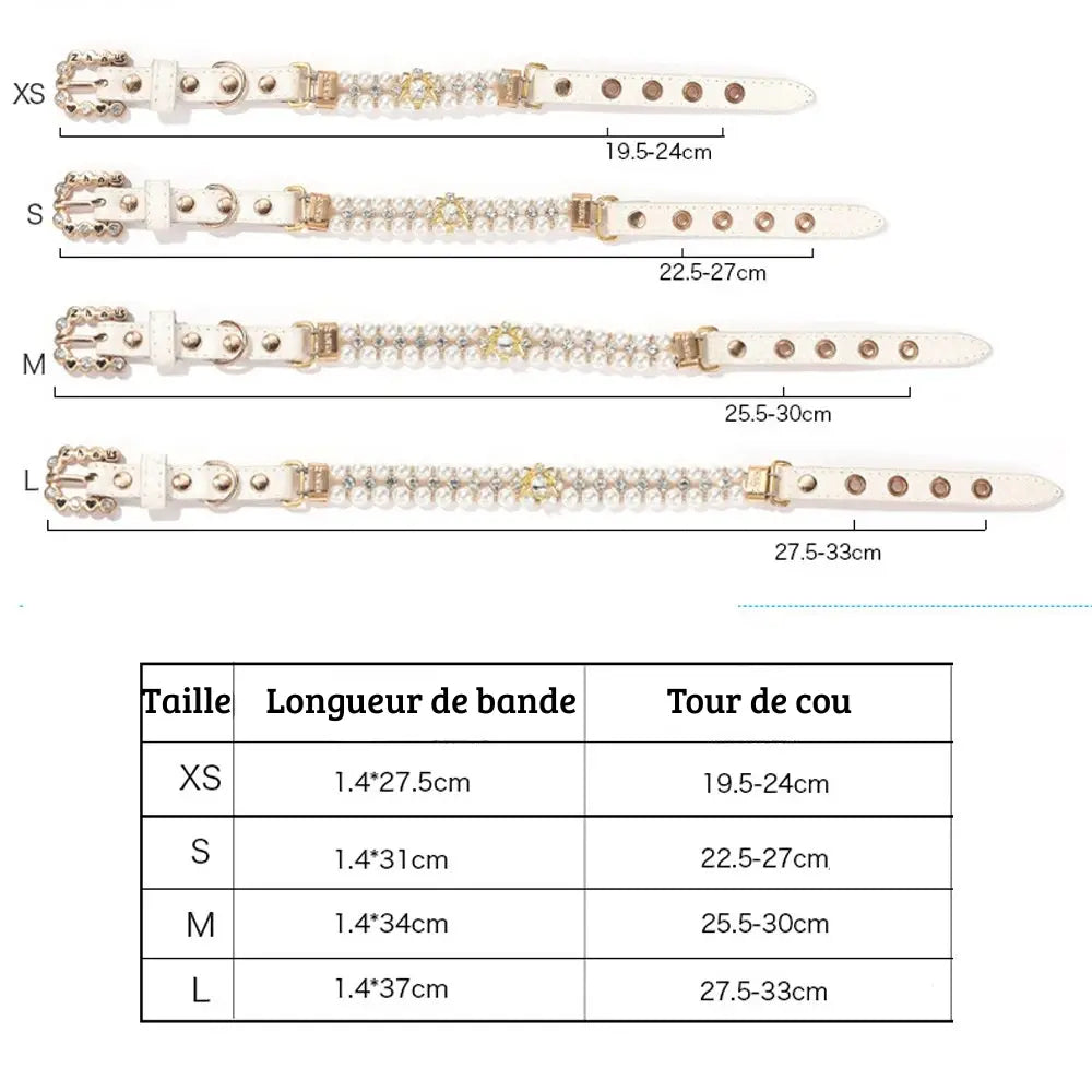 Tableau des tailles d’un collier de luxe pour chien en perles artificielles avec pendentif en cristal et avec tailles XS, S, M et L.