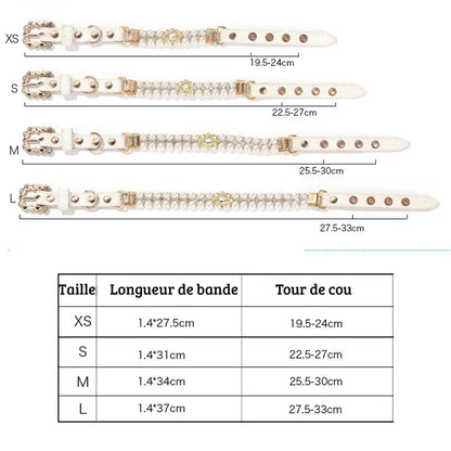 Tableau des tailles d’un collier de luxe pour chien en perles artificielles avec pendentif en cristal et avec tailles XS, S, M et L.