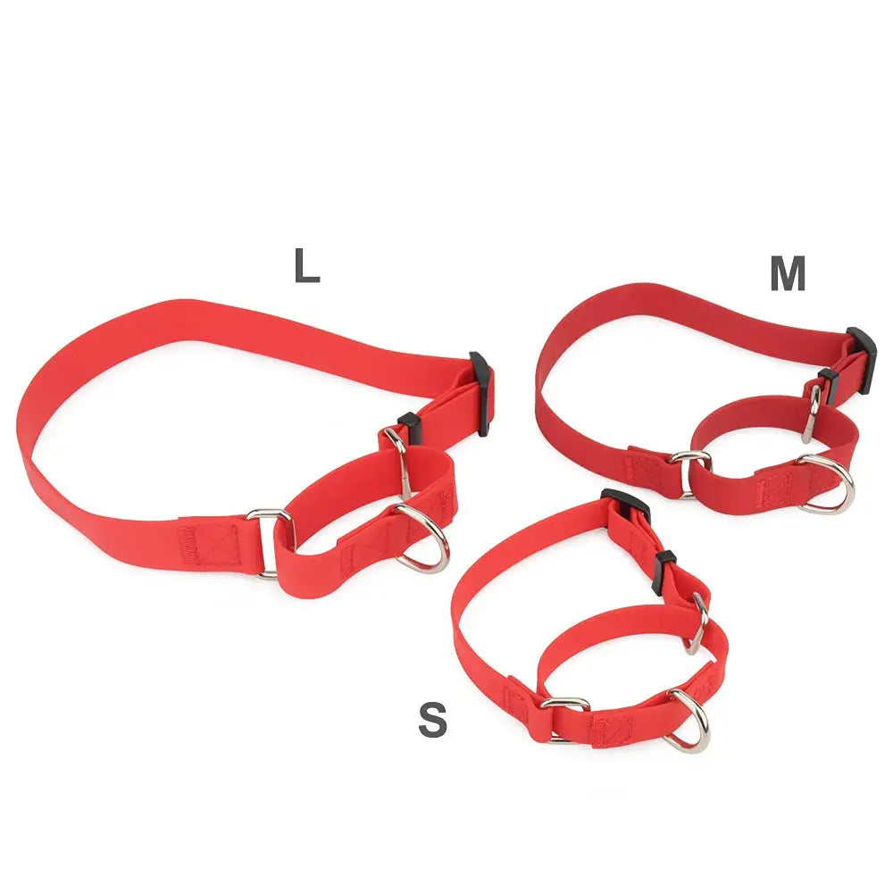 Présentation des trois tailles du collier d’entraînement pour chien en PVC avec poignée de contrôle.