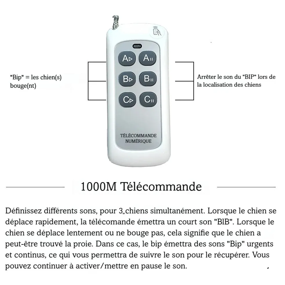 Télécommande du collier beeper avec portée annoncée de 1000 mètres sur fond blanc.