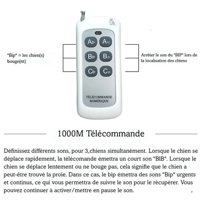Télécommande du collier beeper avec portée annoncée de 1000 mètres sur fond blanc.