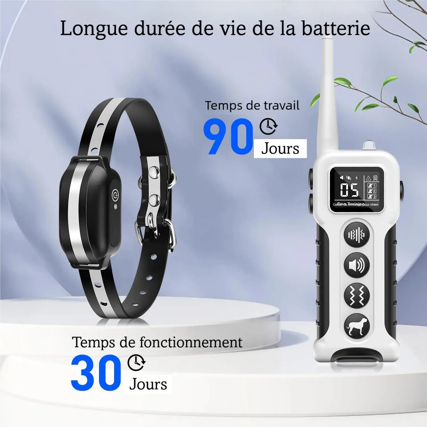 Collier de dressage pour chien rechargeable avec autonomie longue durée.
