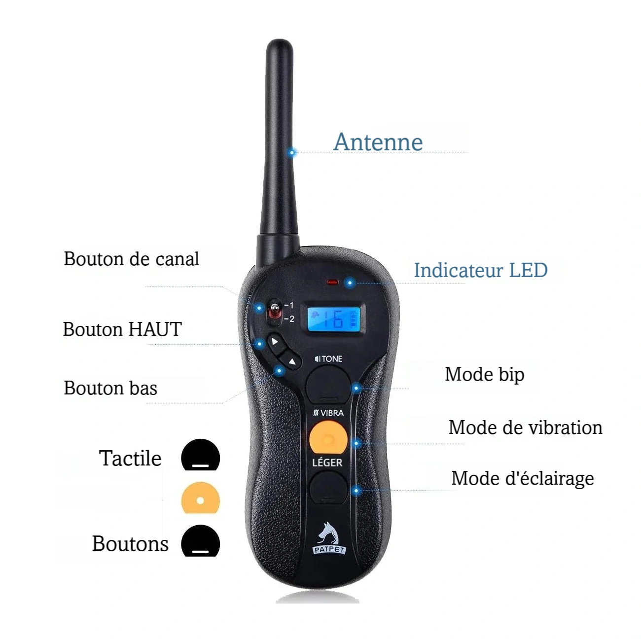 Détail des fonctions de la télécommande du collier chien avec antenne, écran LCD et commandes de tonalité, vibration et éclairage.