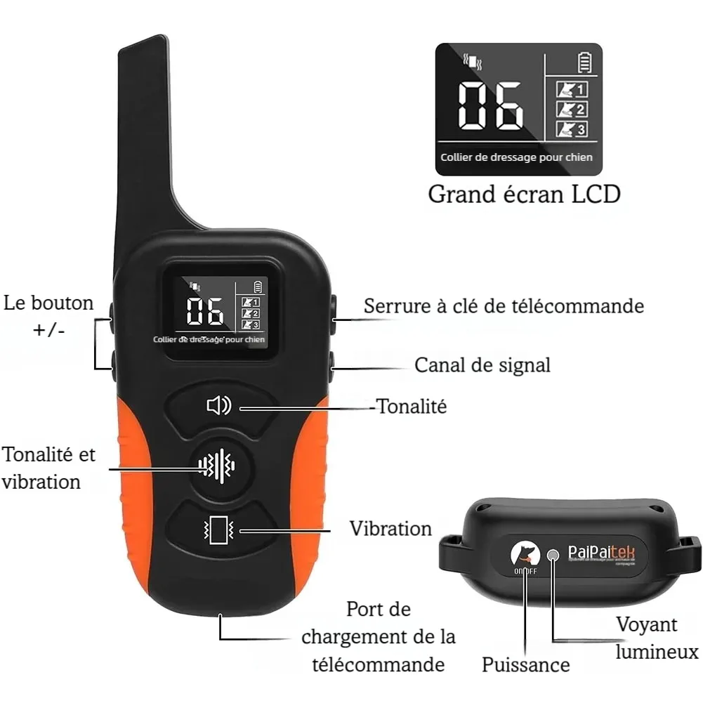 Vue annotée des détails de la télécommande du collier de dressage pour chien avec écran LCD et boutons de commande sur fond blanc.