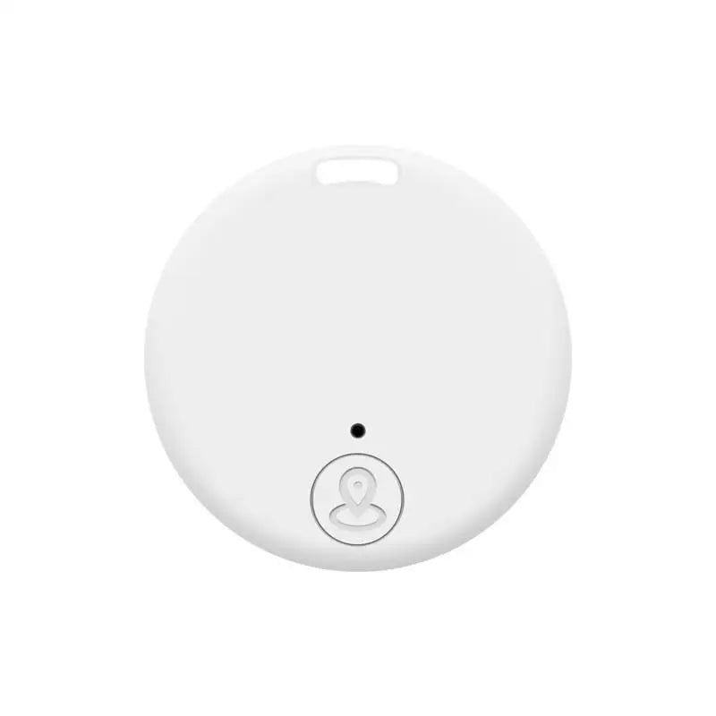 Traceur Bluetooth anti-perte rond en coloris blanc, avec œillet de fixation en haut et bouton central arrondi avec icône de localisation sur fond blanc.