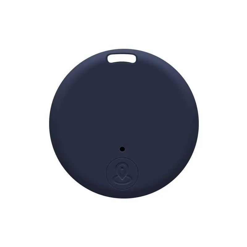 Traceur Bluetooth anti-perte rond en coloris bleu marine, avec œillet de fixation en haut et bouton central arrondi avec icône de localisation sur fond blanc.