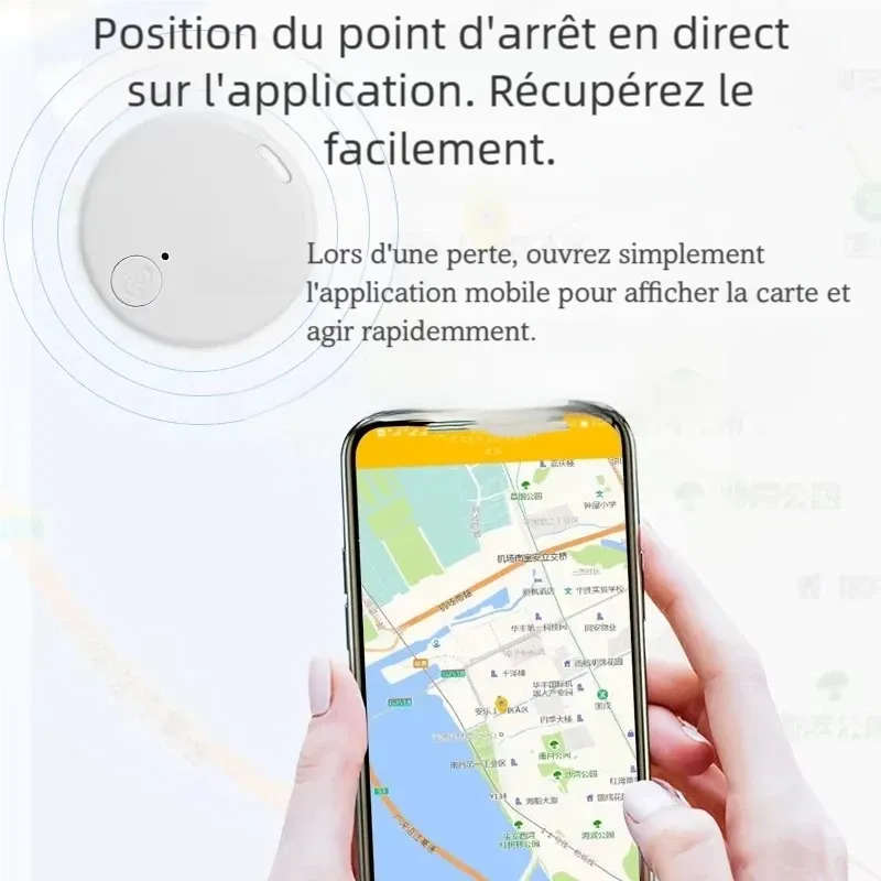 Visuel informatif d'un traceur Bluetooth anti-perte blanc présentant la fonction de localisation via application, avec une main tenant un smartphone affichant une carte de repérage en arrière-plan.