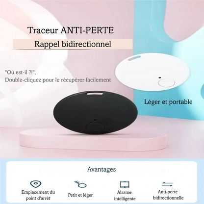 Présentation de deux traceurs Bluetooth anti-perte noir et blanc sur fond pastel rose et bleu, avec quatre icônes d'avantages visibles en bas : localisation de point d'arrêt, compact et léger, alarme intelligente et anti-perte bidirectionnel.