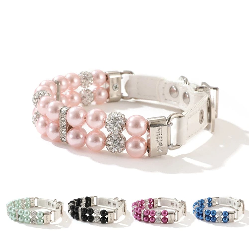 Collection de colliers de luxe pour chien à double rang de perles avec plusieurs coloris disponibles.