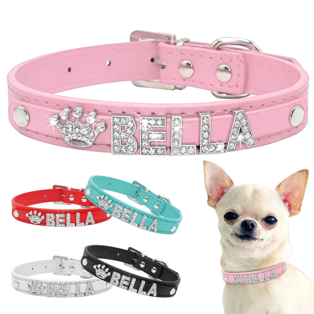 Variantes de couleurs d’un collier personnalisé pour chien en cuir PU avec lettres en strass, porté par un petit chien.