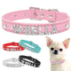 Variantes de couleurs d’un collier personnalisé pour chien en cuir PU avec lettres en strass, porté par un petit chien.