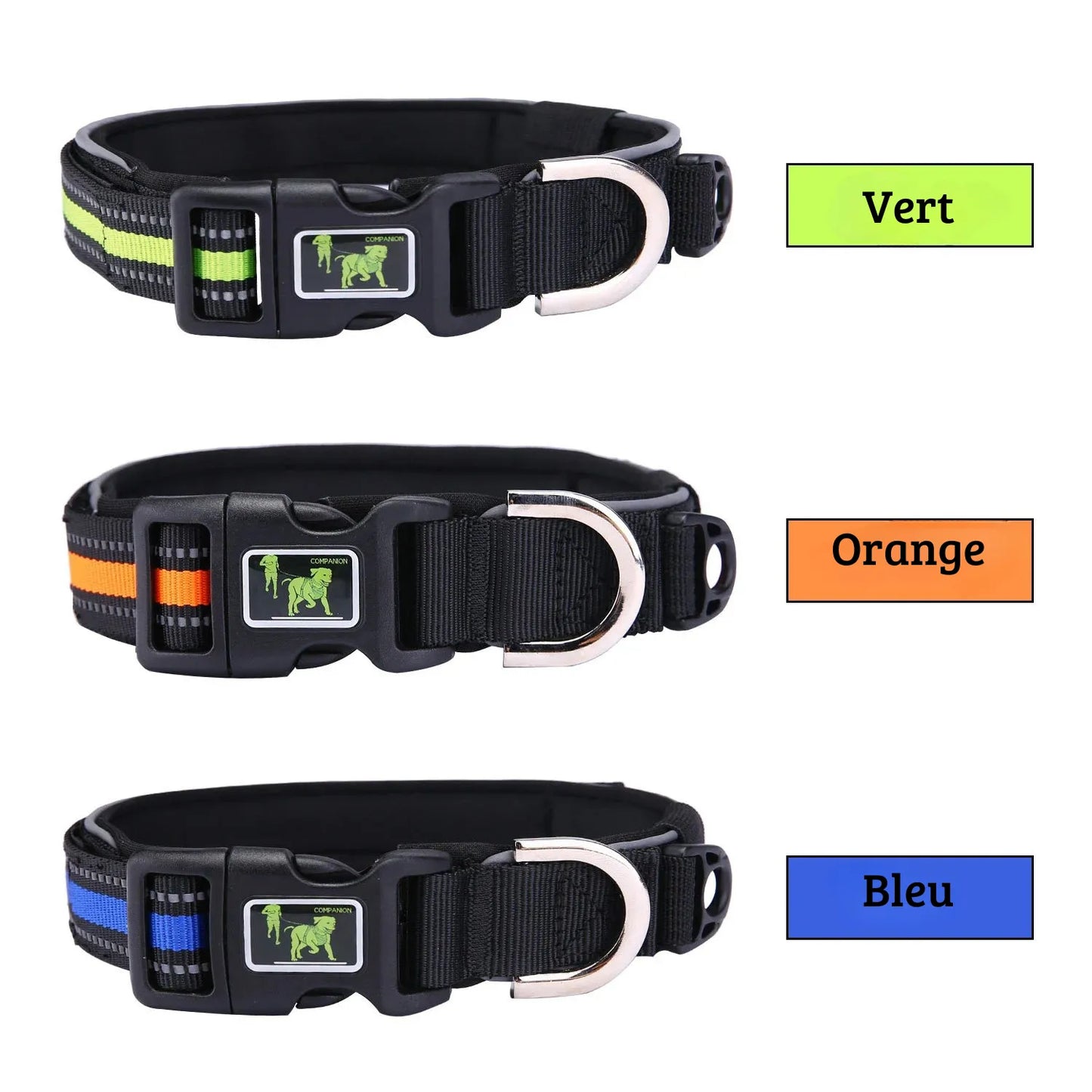 Trois colliers pour chien présentés avec légendes de couleur vert, orange et bleu sur fond blanc.