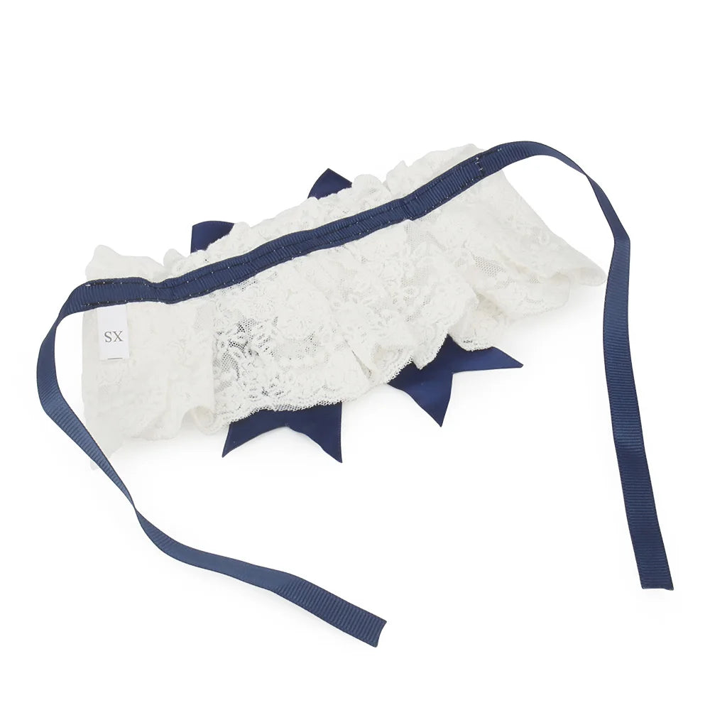 Vue arrière d’un collier chic pour chien en dentelle blanche avec ruban bleu marine.