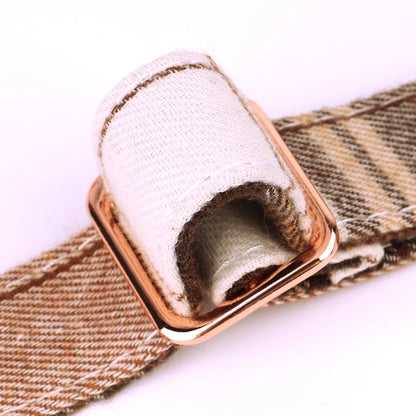 Gros plan sur la boucle de réglage d’un collier pour chien à carreaux beige et marron.